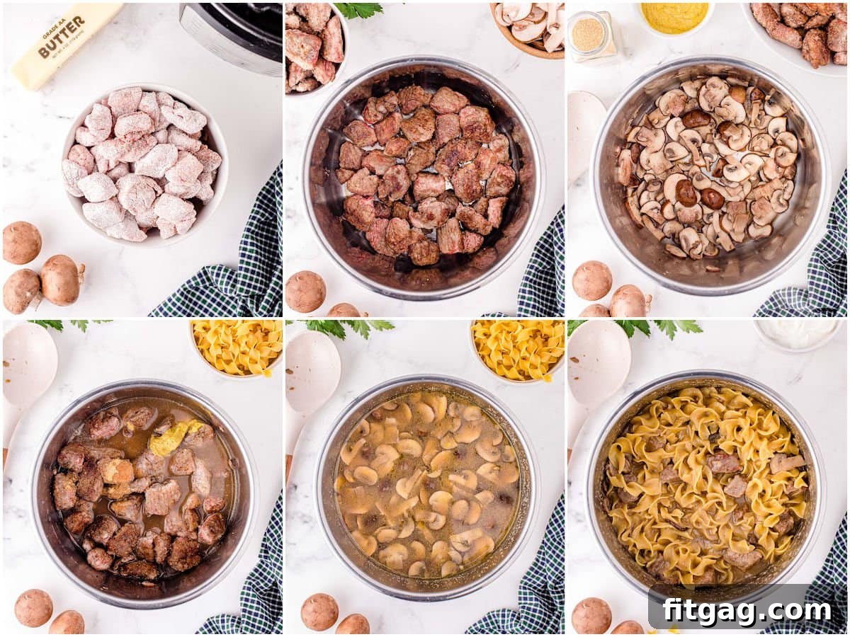 Six-image collage showing the step-by-step process of making beef stroganoff in the Instant Pot, from searing beef to the final creamy dish. Each image captures a key moment in the cooking process.
