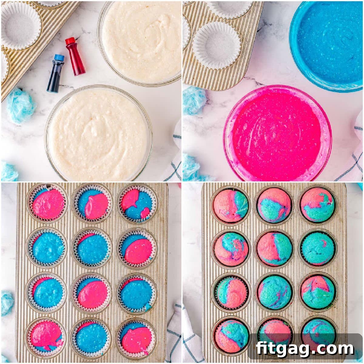 A four-image collage demonstrating the process of making swirled cupcakes using a boxed cake mix, showing the mixing, coloring, and filling steps.