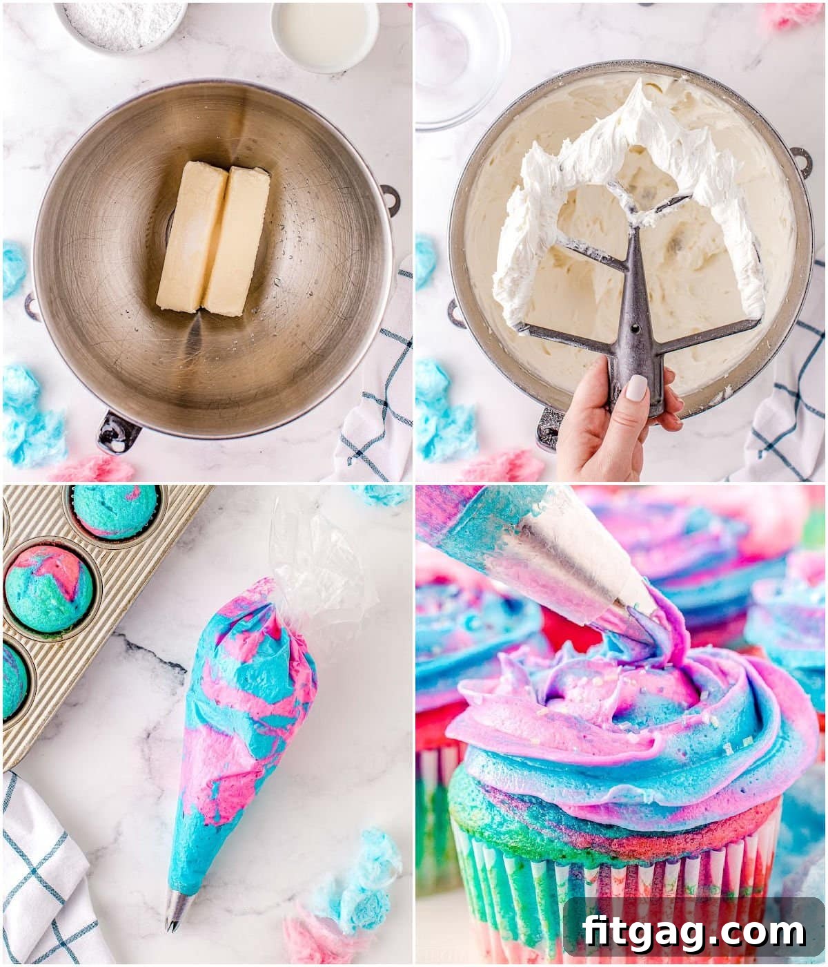 A four-image collage illustrating the steps to make swirled cotton candy flavored frosting, from beating butter to coloring and filling a piping bag.
