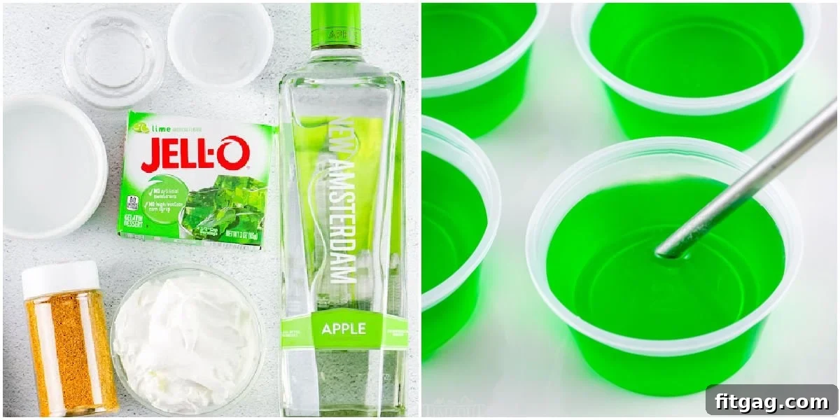 A two-image collage showcasing the simple ingredients for jello shots alongside small cups perfectly filled with the green jello mixture, ready to set.