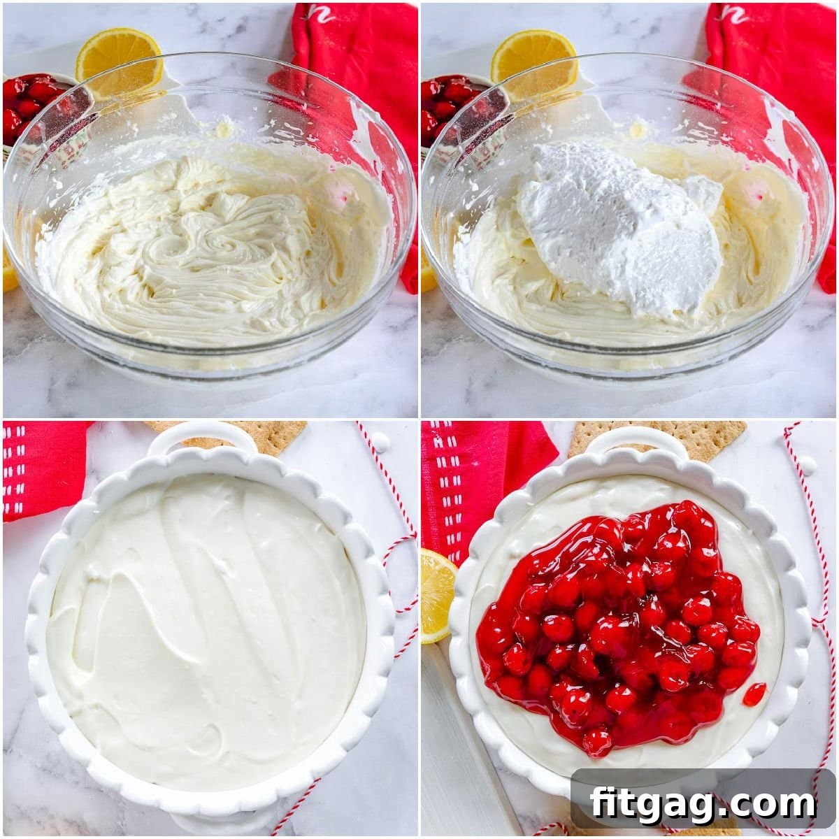 A four-image collage demonstrating the step-by-step process of making cherry cheesecake dip, from mixing the base to spreading the cherry topping.