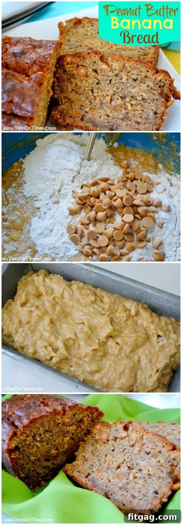 A four-image collage showcasing the journey of baking Peanut Butter Banana Bread: from ingredients in a bowl, to batter being poured, to the finished loaf, and finally sliced pieces on a napkin.