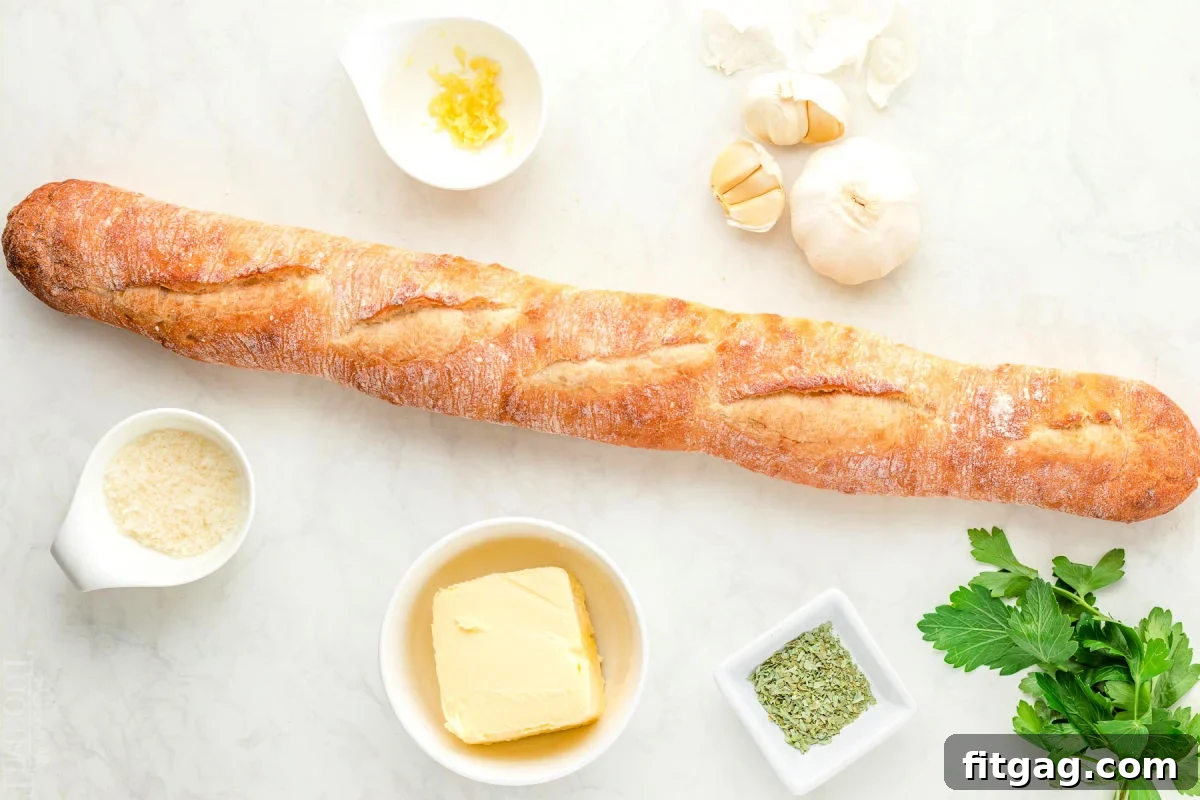 Crispy Air Fryer Garlic Bread 4 garlic bread in air fryer ingredients laid out and ready to be used.