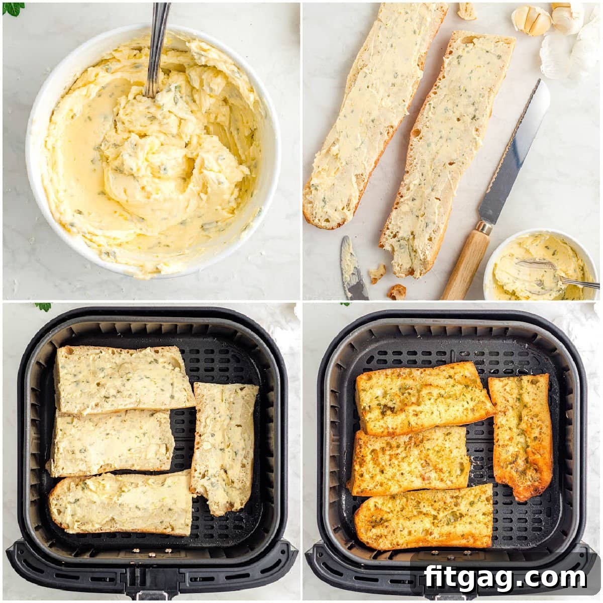Crispy Air Fryer Garlic Bread 5 four image collage showing how to make air fryer garlic bread step by step.