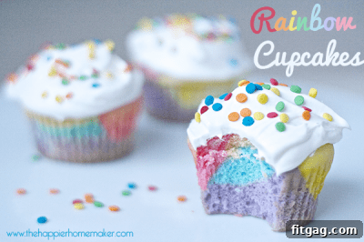 Delicious Rainbow Cupcakes, featuring vibrant batter colors and decorated with playful toppings.