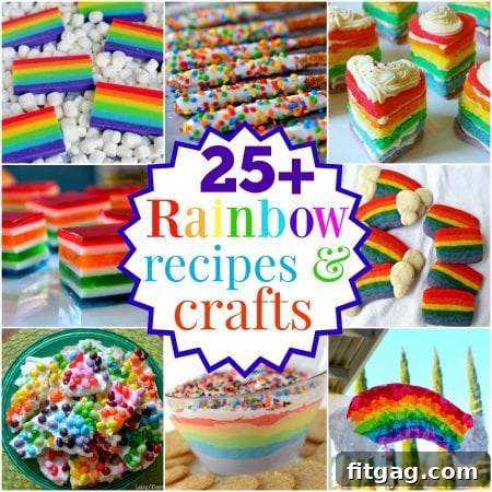 An inspiring collage of rainbow recipes and crafts, showcasing vibrant desserts and fun DIY ideas for various celebrations, encouraging creativity and joy.