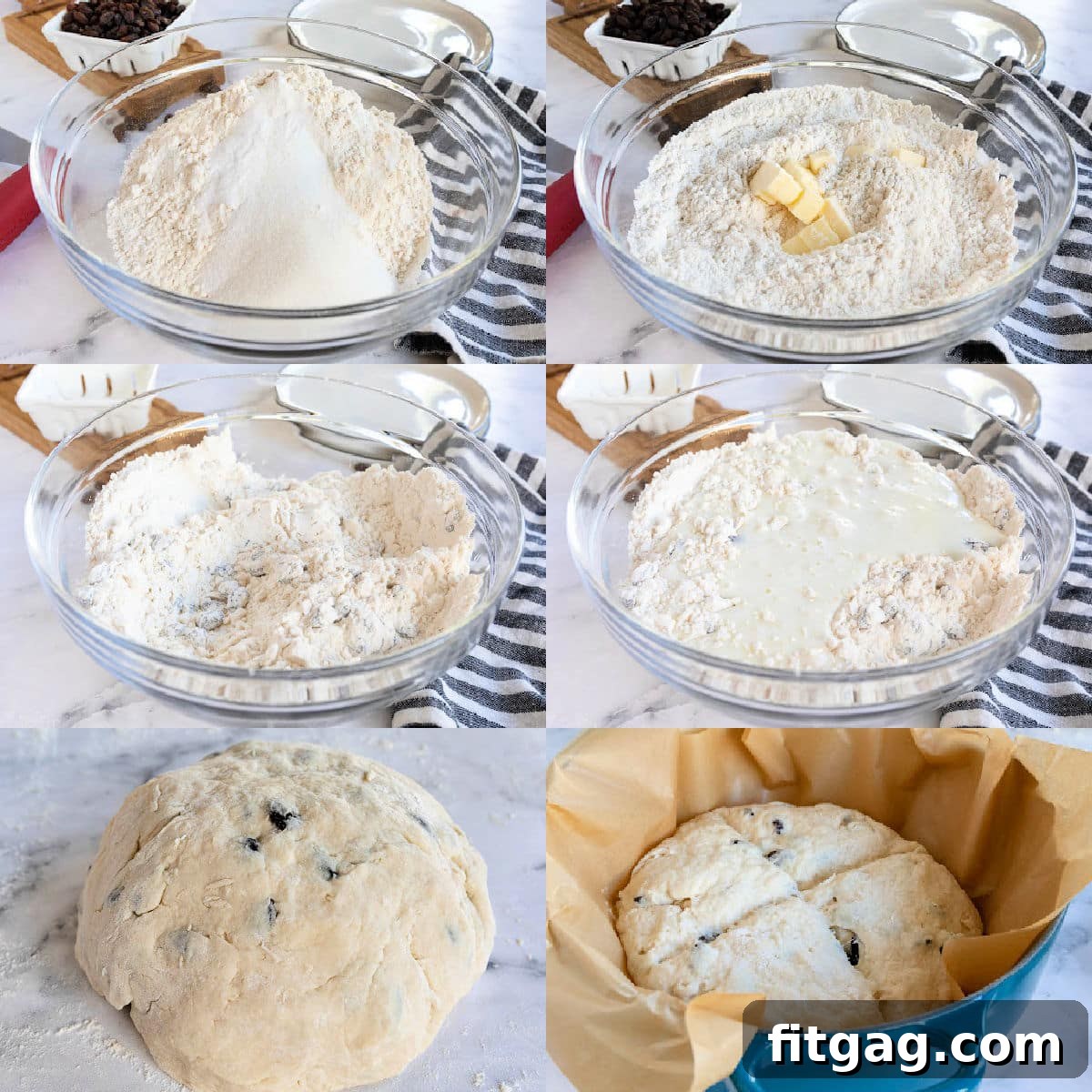 A six-image collage showing the step-by-step process of making Irish Soda Bread, from mixing ingredients to shaping and baking the loaf.