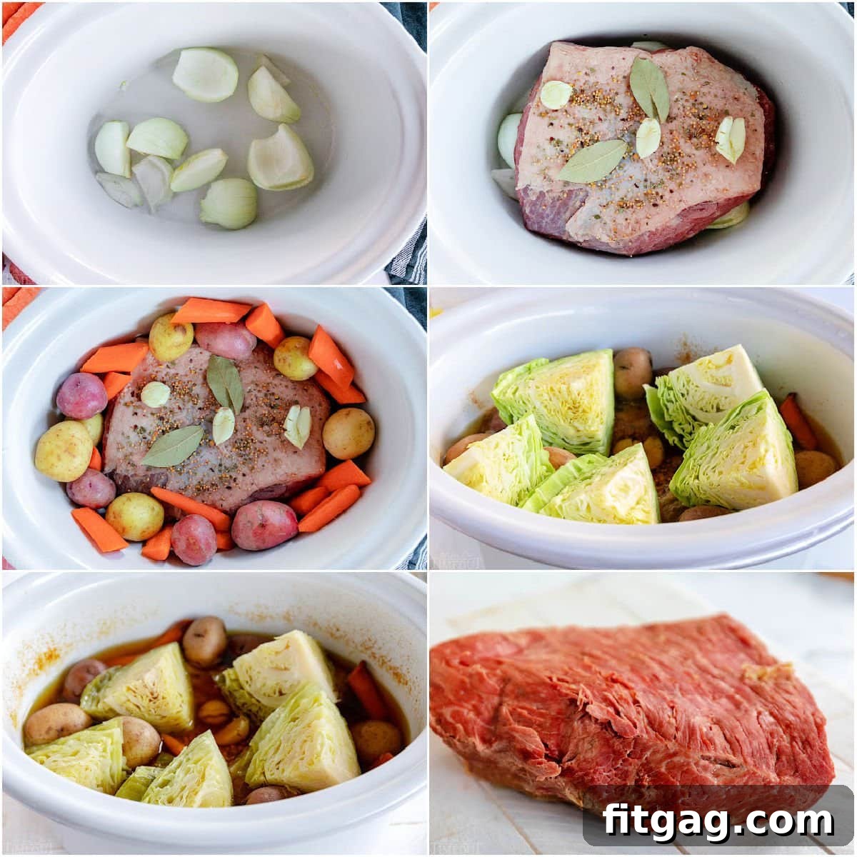 Tender Slow Cooker Corned Beef and Cabbage 4 six image collage showing how to cook a corned beef in crockpot.