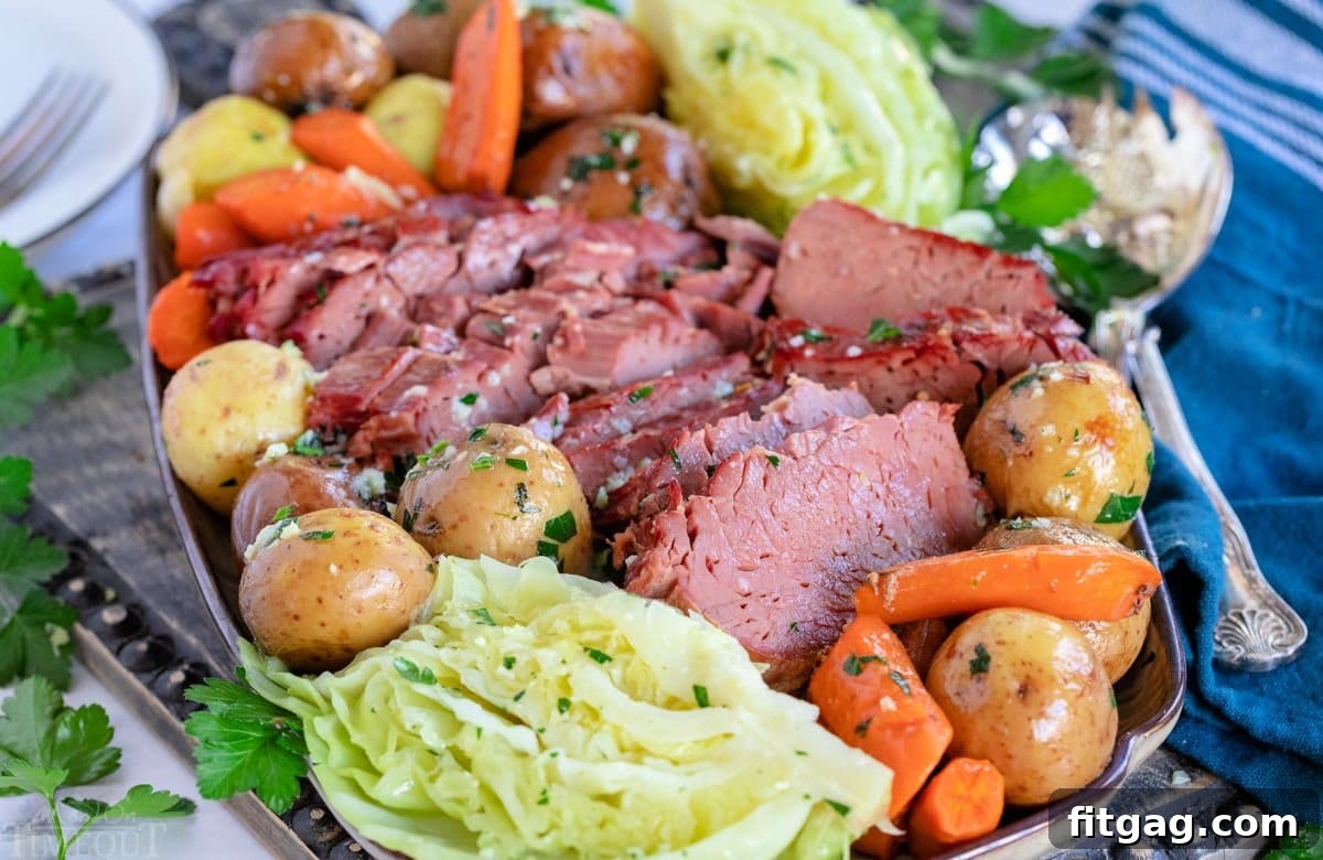 Tender Slow Cooker Corned Beef and Cabbage 5 serving plate filled with slices of corned beef, cabbage wedges, carrots and creamer potatoes all ready to be enjoyed.