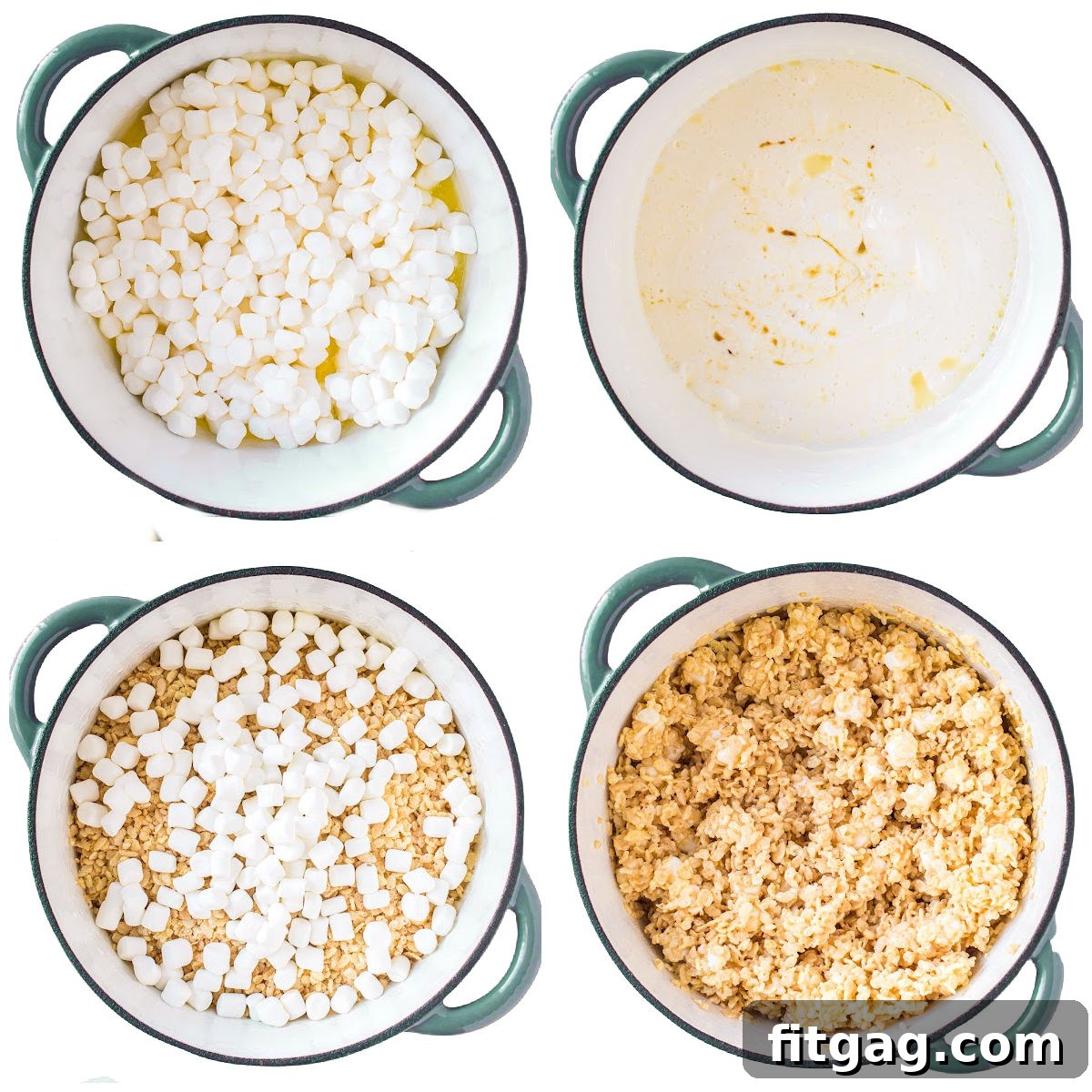 Gooey Peeps Cereal Bars 5 A four-image collage demonstrating the key stages of making Rice Krispie Treats, from melting marshmallows to pressing the mixture into a pan.