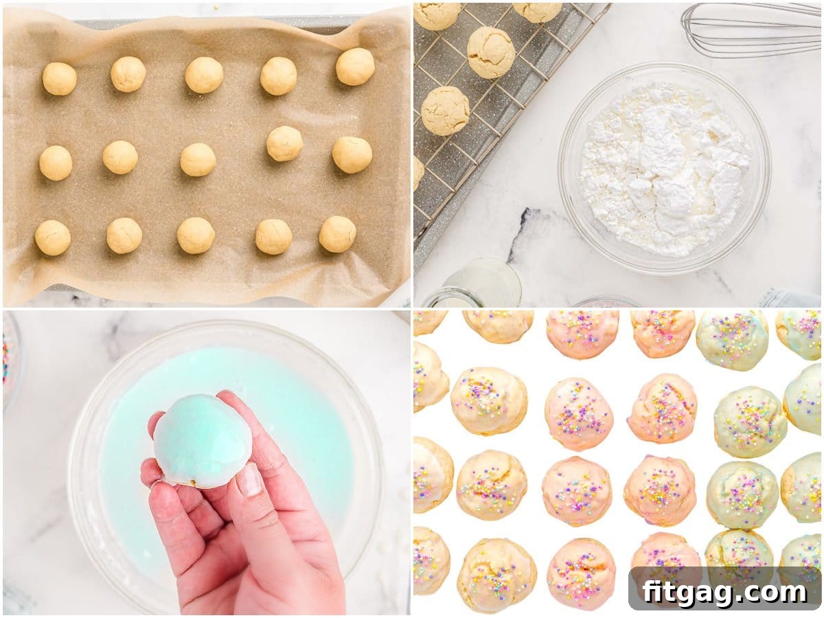 Sweet Italian Easter Cookie Delights 5 A four-image collage demonstrating the key steps involved in making Italian cookies, from dough preparation to baking.