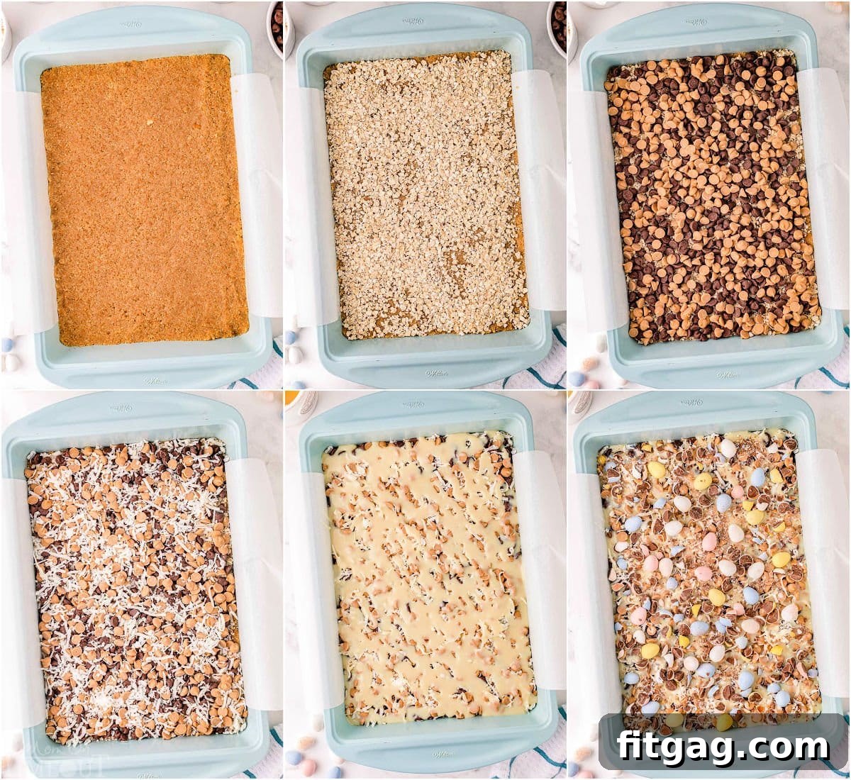 Whimsical Easter Magic Bars 4 six image collage showing how to make 7 layer bars with cadbury eggs for easter.
