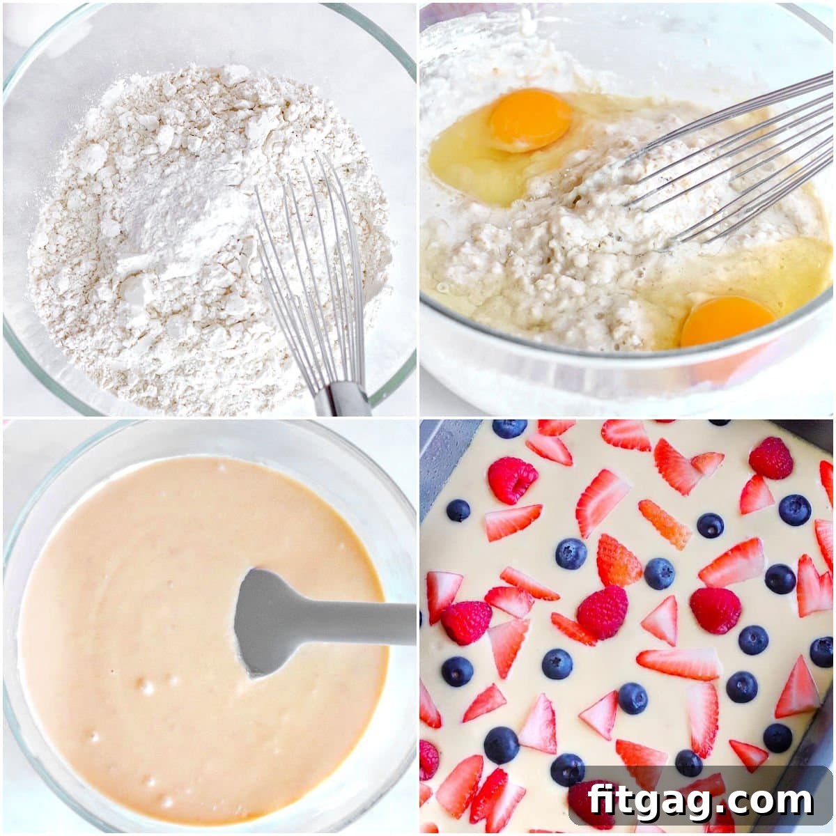 Oven Pancakes 4 A four-image collage demonstrating the process of making sheet pan pancakes in the oven. The first image shows batter poured into a greased pan. The second displays berries sprinkled over the batter. The third captures the pancakes baking and rising in the oven, and the final image shows the golden-brown baked pancake ready to be cut.