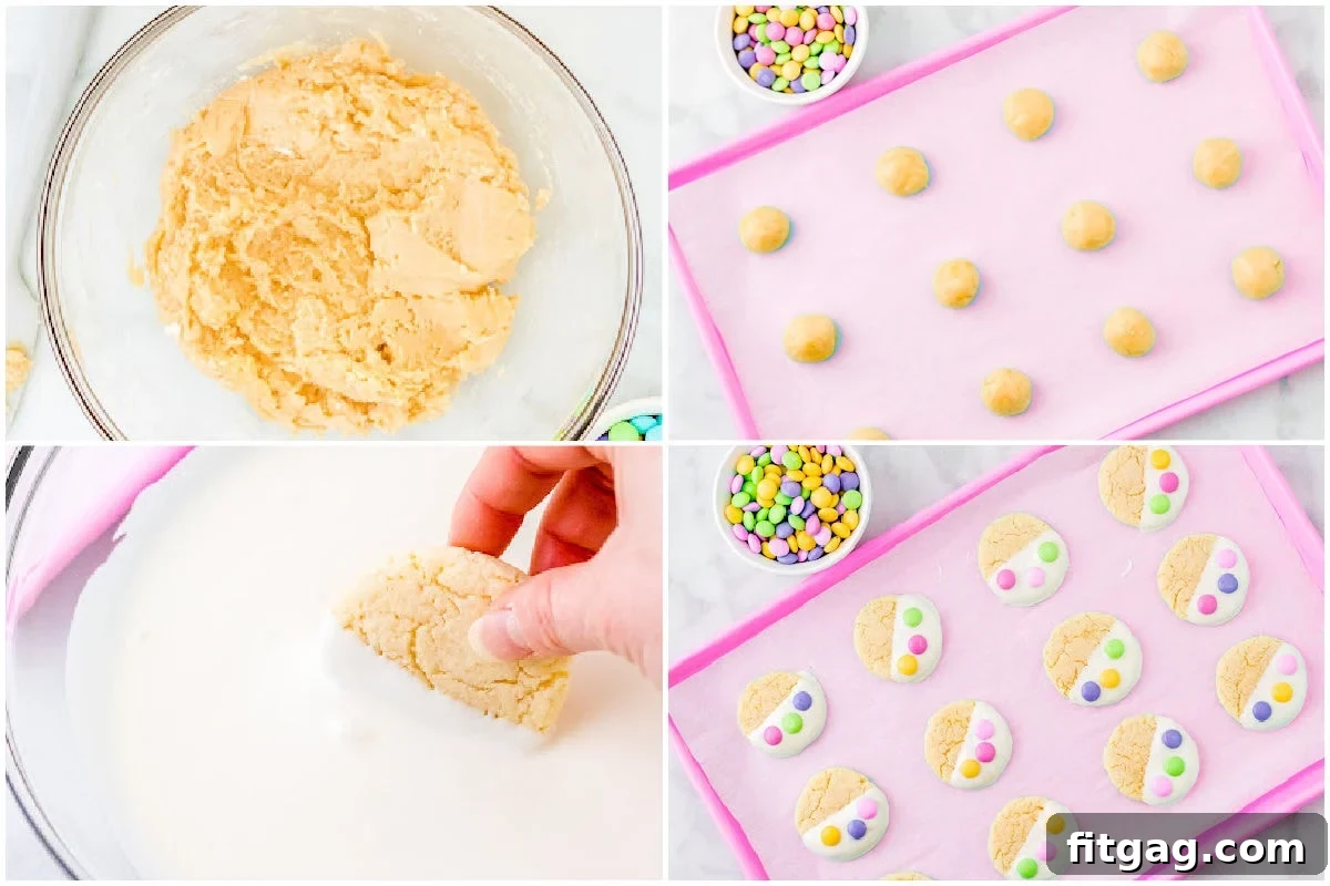 four image collage showing how to make cake mix cookies and dip them in melted chocolate.