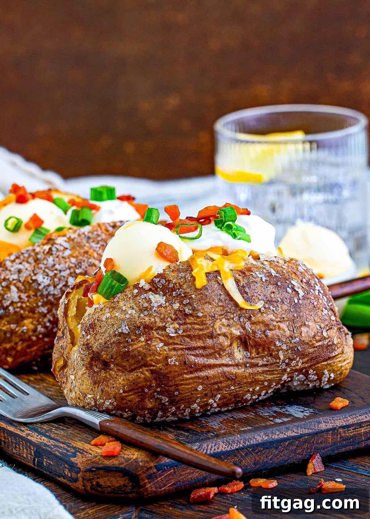 Two loaded baked potatoes sitting on a dark wood board, generously topped with sour cream, melted butter, crispy bacon bits, fresh green onions, and shredded cheese. A glass of water is blurred in the background.