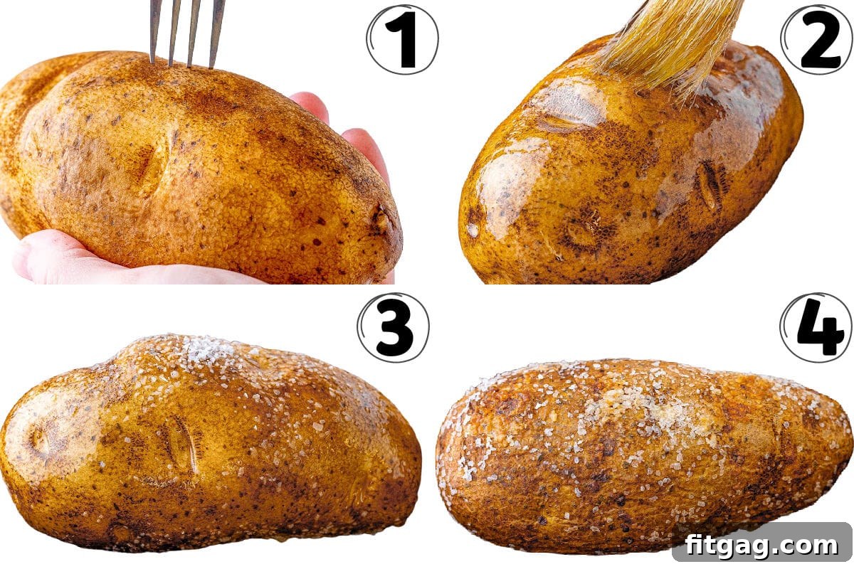 A four-image collage demonstrating the step-by-step process of how to bake a potato, from preparation to baking.