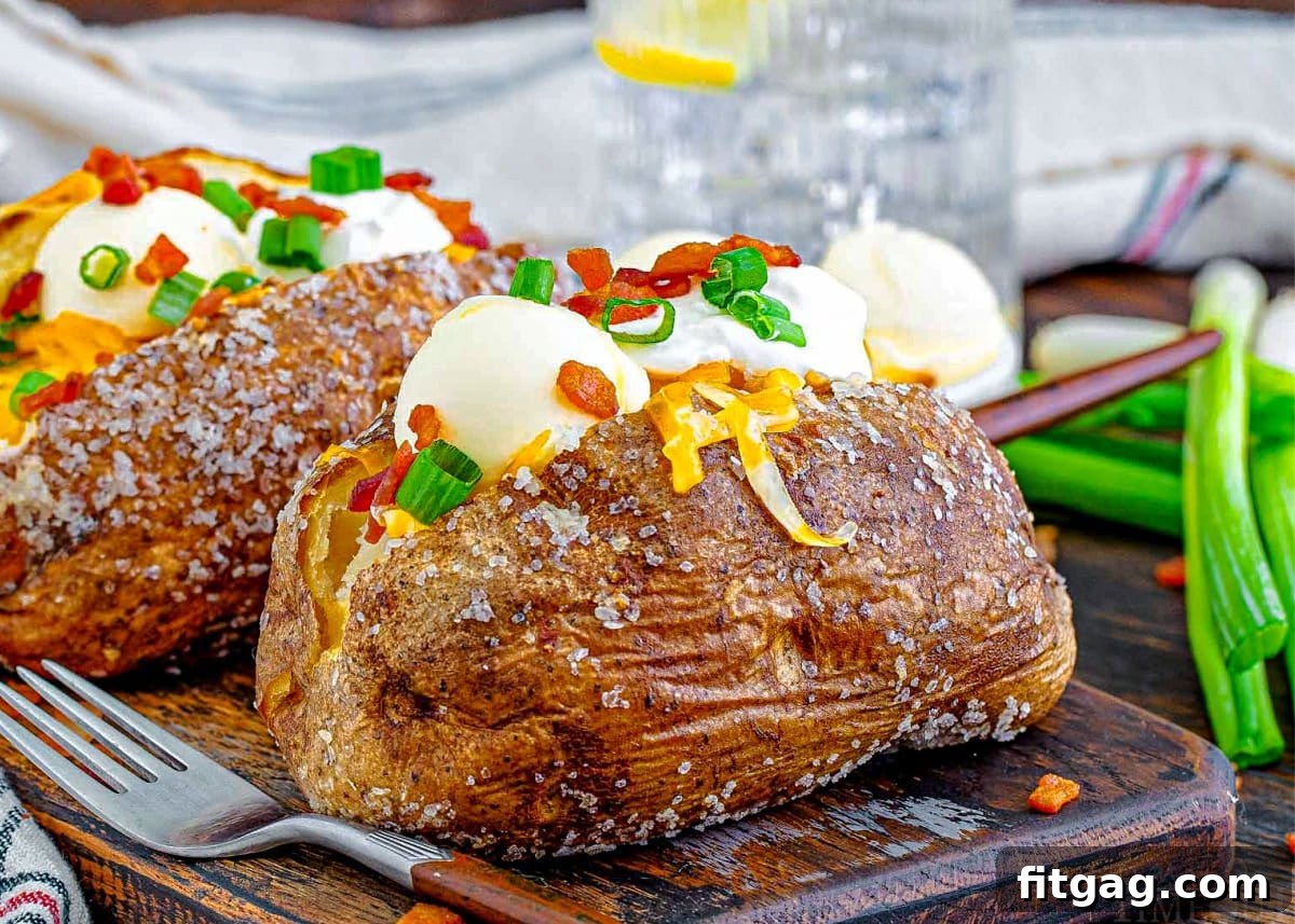 Two fully loaded baked potatoes, generously topped with sour cream, butter, crispy bacon bits, fresh green onions, and shredded cheese, are artfully arranged on a dark wood board. A glass of water is subtly visible in the background, adding to the inviting scene.