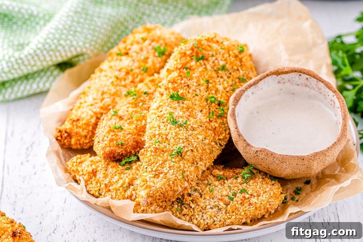 Plated air fryer chicken tenders garnished with fresh parsley, with an air fryer visible in the soft background.