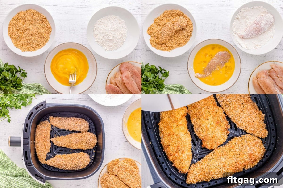 A four-image collage demonstrating the step-by-step process of making air fryer chicken tenders, from breading to cooking.