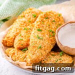 Crispy air fryer chicken tenders beautifully plated and garnished with parsley, ready to serve.