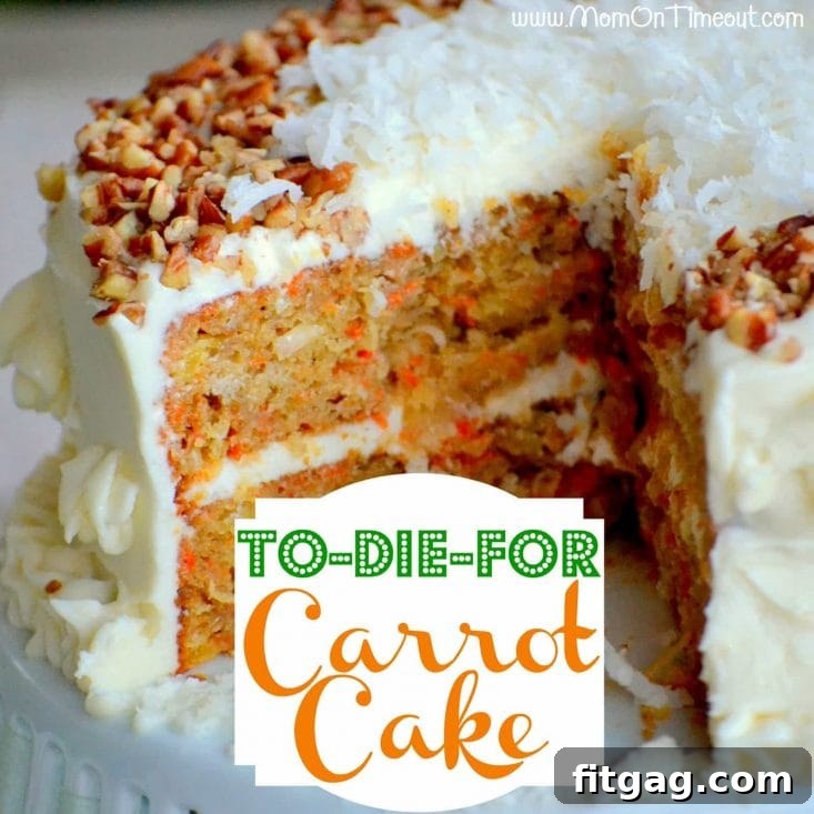A fully decorated carrot cake with nuts and coconut on a cake stand, ready to be enjoyed.