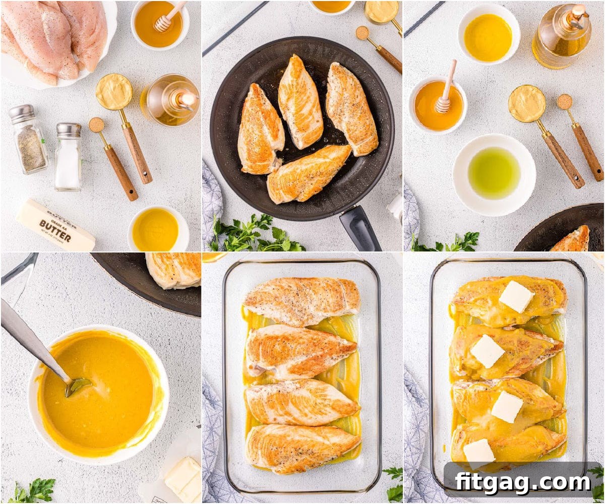 Crispy Honey Mustard Chicken Bites 5 A six-image collage illustrating the step-by-step process of making Honey Mustard Chicken, from searing the chicken to saucing and baking.