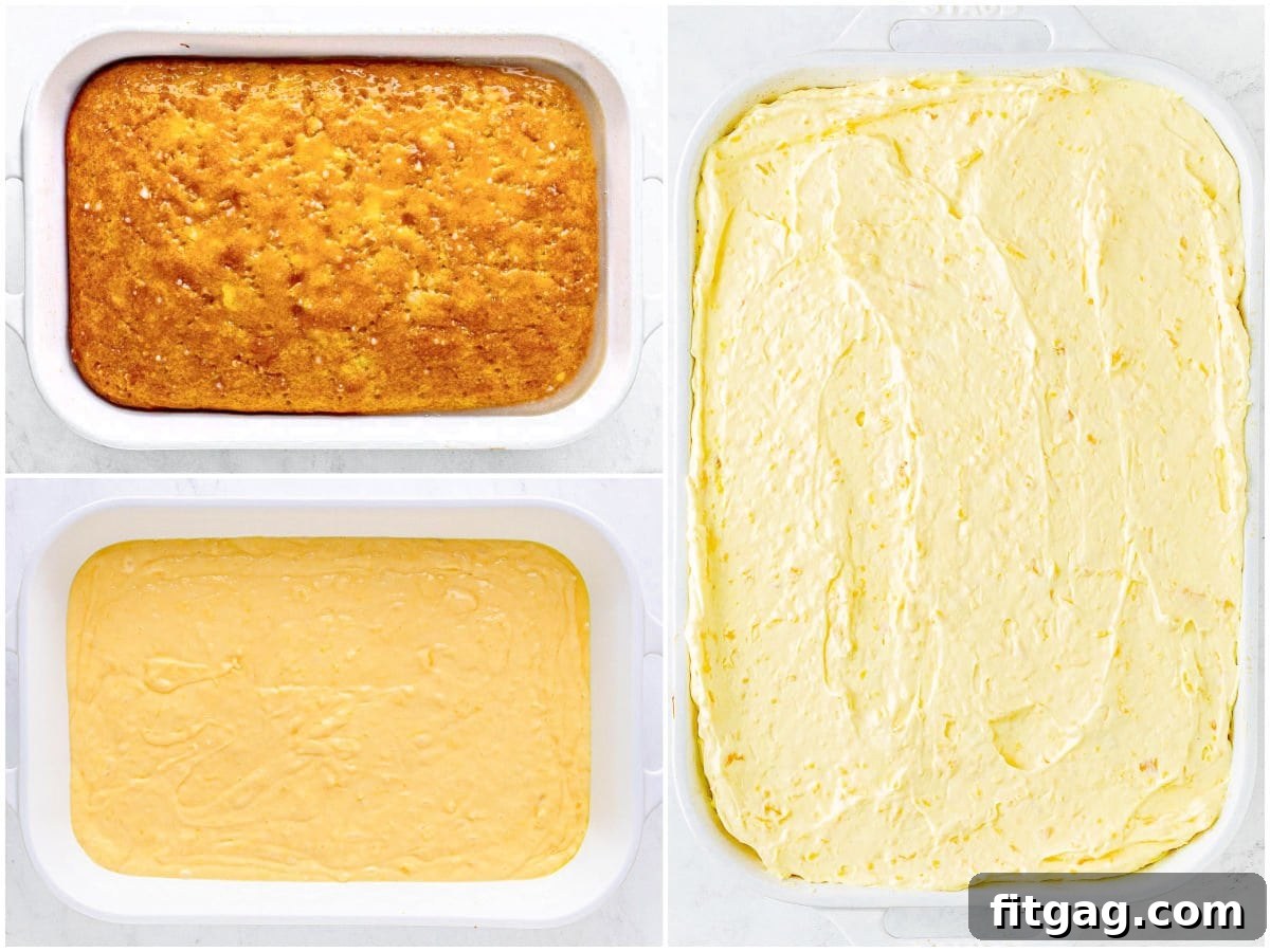 A three-image collage visually guides the baking process, showcasing how to prepare, poke, and beautifully frost the Pina Colada Cake to perfection.