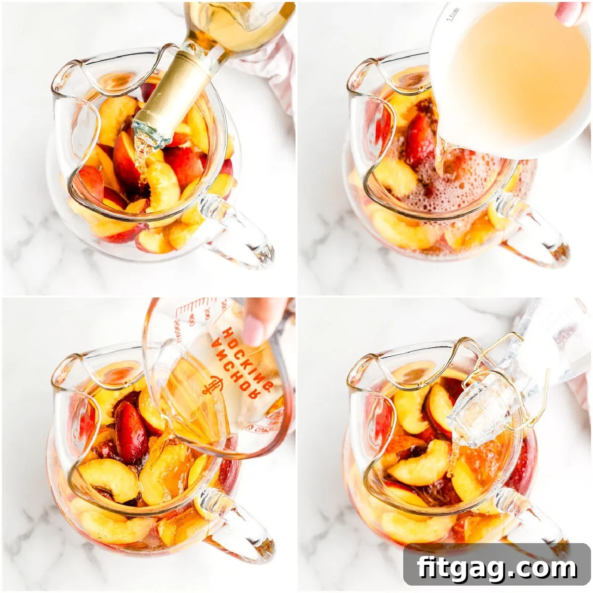 Golden Peach Sangria 5 four image collage showing how to make a peach sangria recipe in a large glass pitcher.