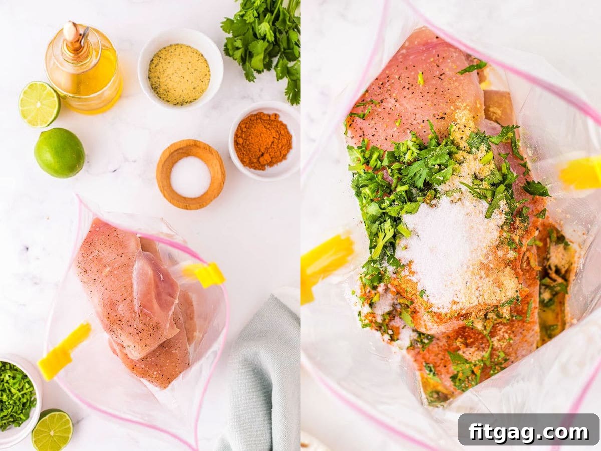 two image collage showing cilantro lime chicken marinade ingredients laid out and then also combined in a bag.