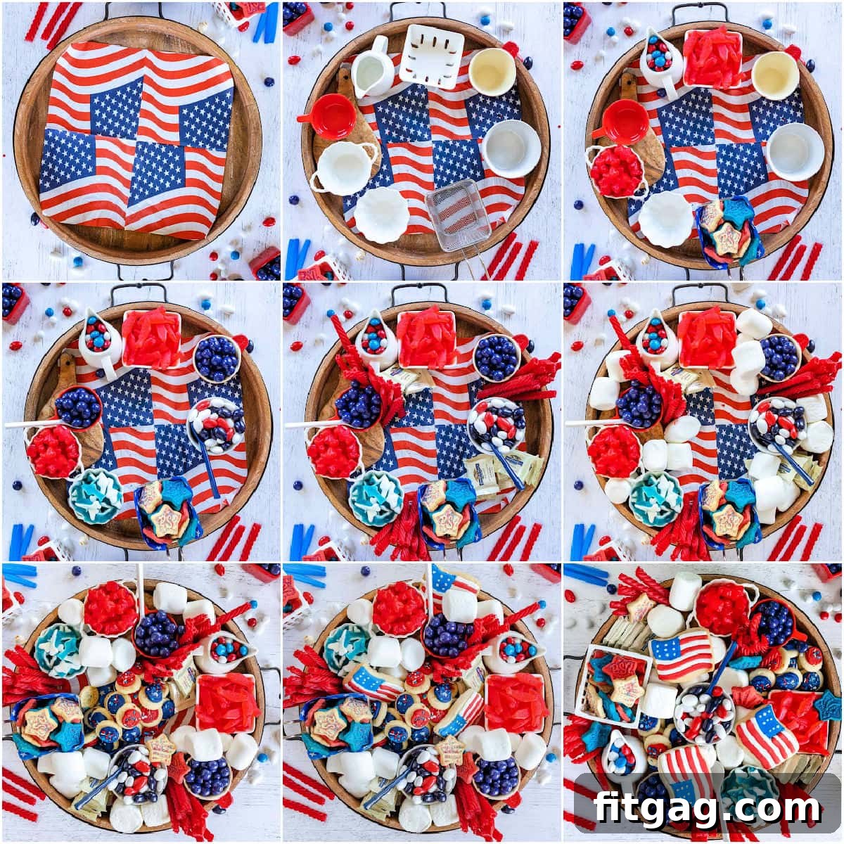 Stars and Stripes Grazing Board 8 A 9-image collage visually demonstrating the step-by-step process of assembling a festive charcuterie board specifically for the 4th of July celebration.