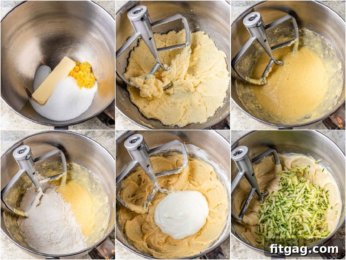 A step-by-step six-image collage illustrating the process of mixing the zucchini muffin batter, from combining dry ingredients to folding in the grated zucchini.