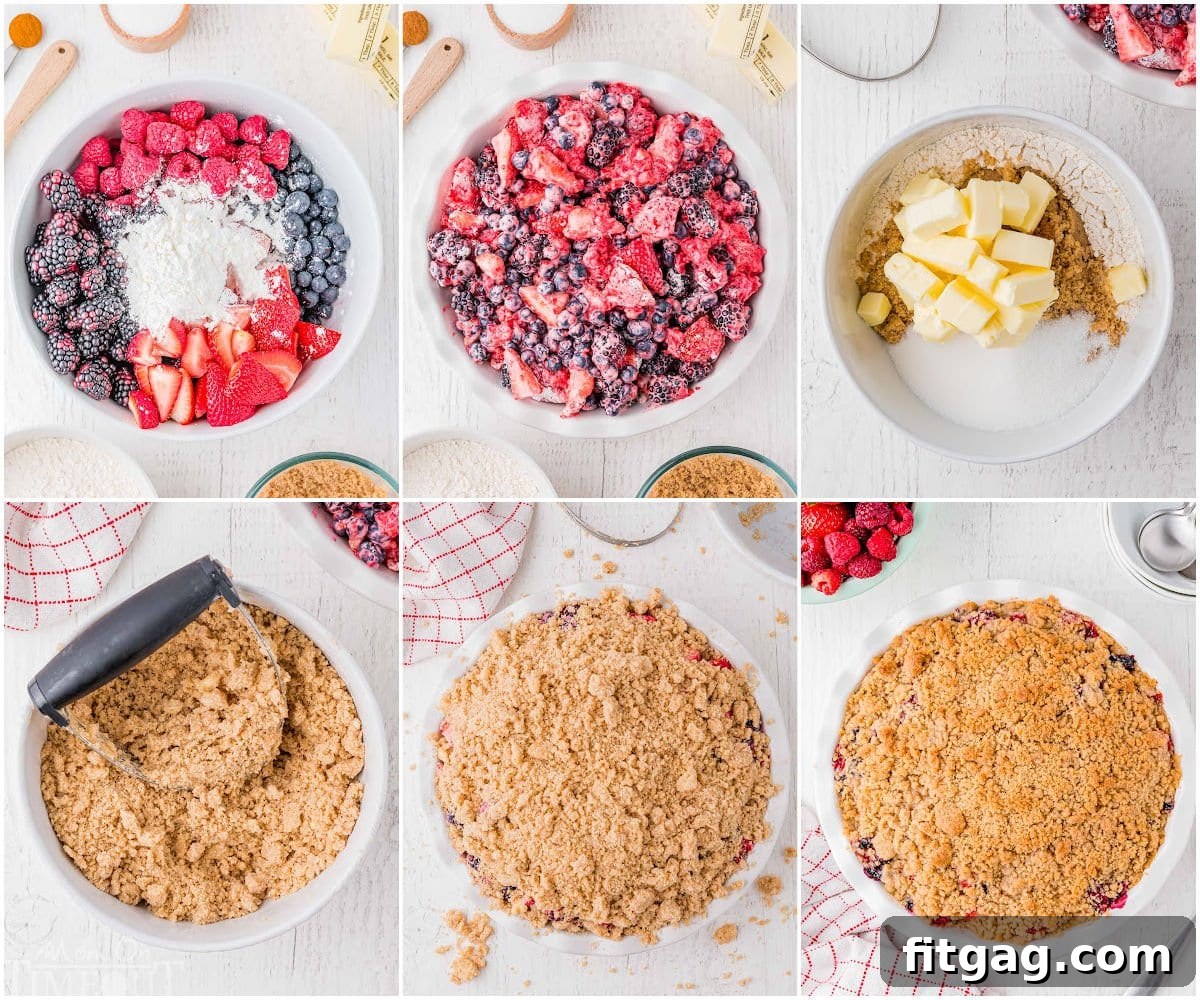A six-image collage showing step-by-step how to make a berry crumble recipe, from mixing ingredients to the final baked dish.