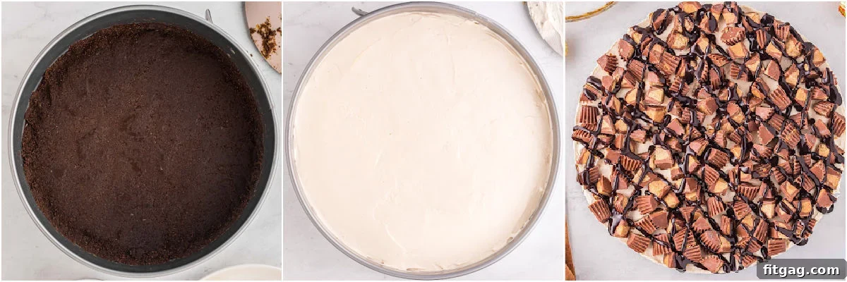 A three-image collage visually demonstrating the step-by-step process of making the crust for a peanut butter cheesecake.