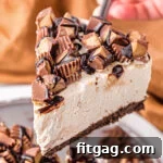 A slice of peanut butter cheesecake being held above the cheesecake pan, ready to be put on a plate.