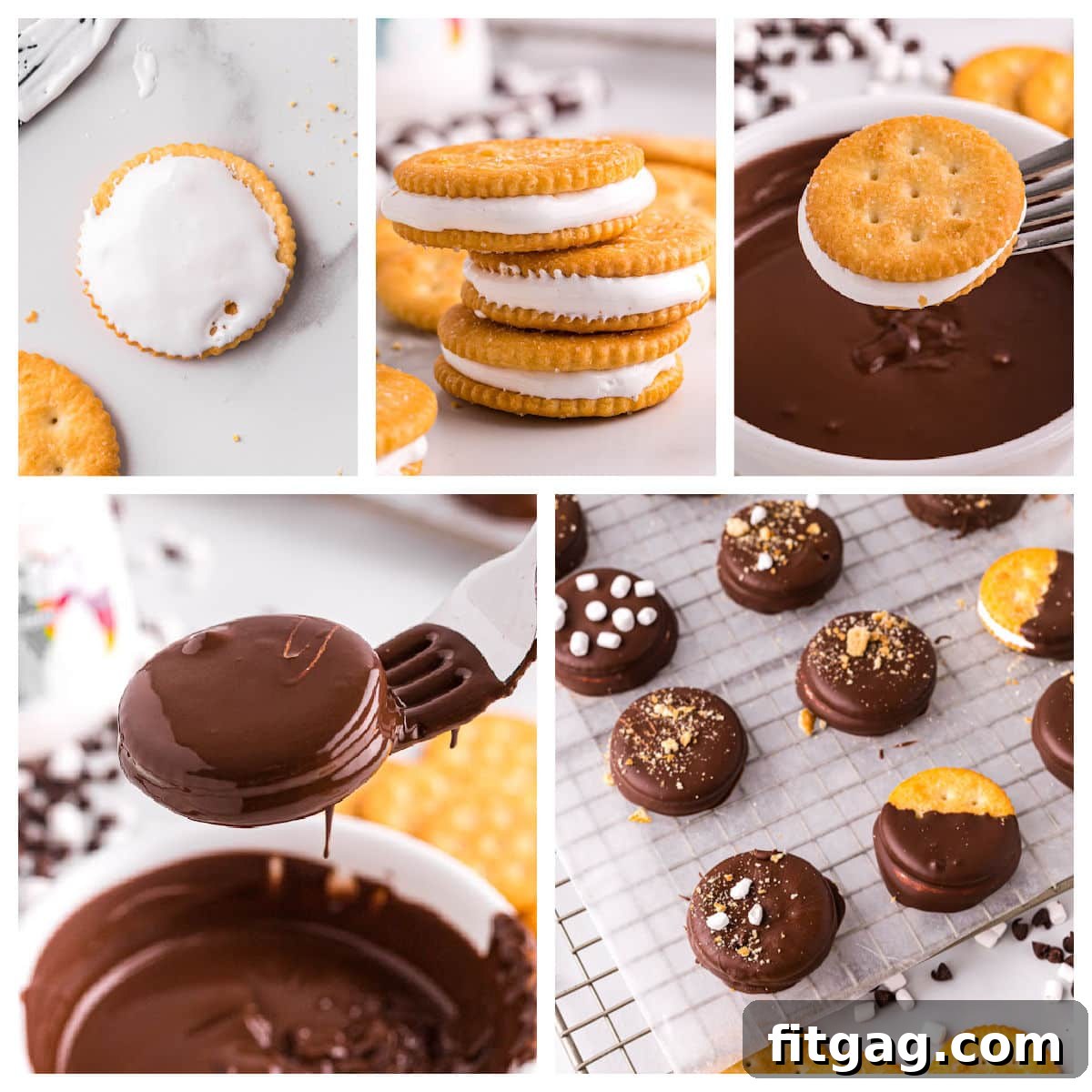 Ritz Smores Cookie Mashup 5 five image collage showing how to make no bake smores cookies with ritz crackers and marshmallow fluff.