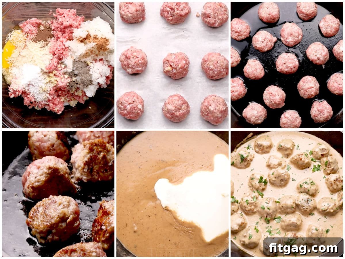 A six-image collage demonstrating the step-by-step process of making a Swedish meatballs recipe, from mixing ingredients to serving the finished dish.