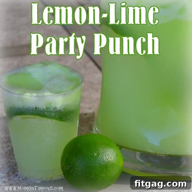 Lemon Lime Party Punch being prepared, with lemon-lime soda being poured over green sherbet in a punch bowl, creating foam.