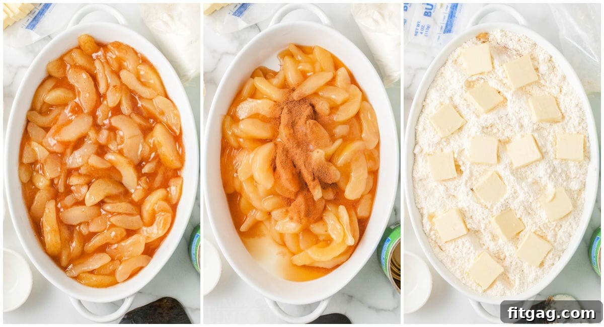 three image collage showing how to make apple cobbler with cake mix.