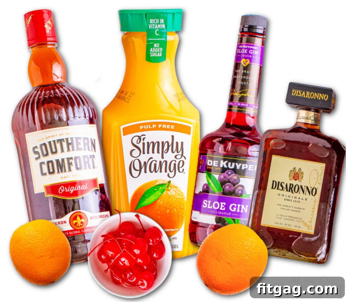 Southern Knockout 4 All the essential Alabama Slammer ingredients neatly laid out on a surface, ready for mixing.