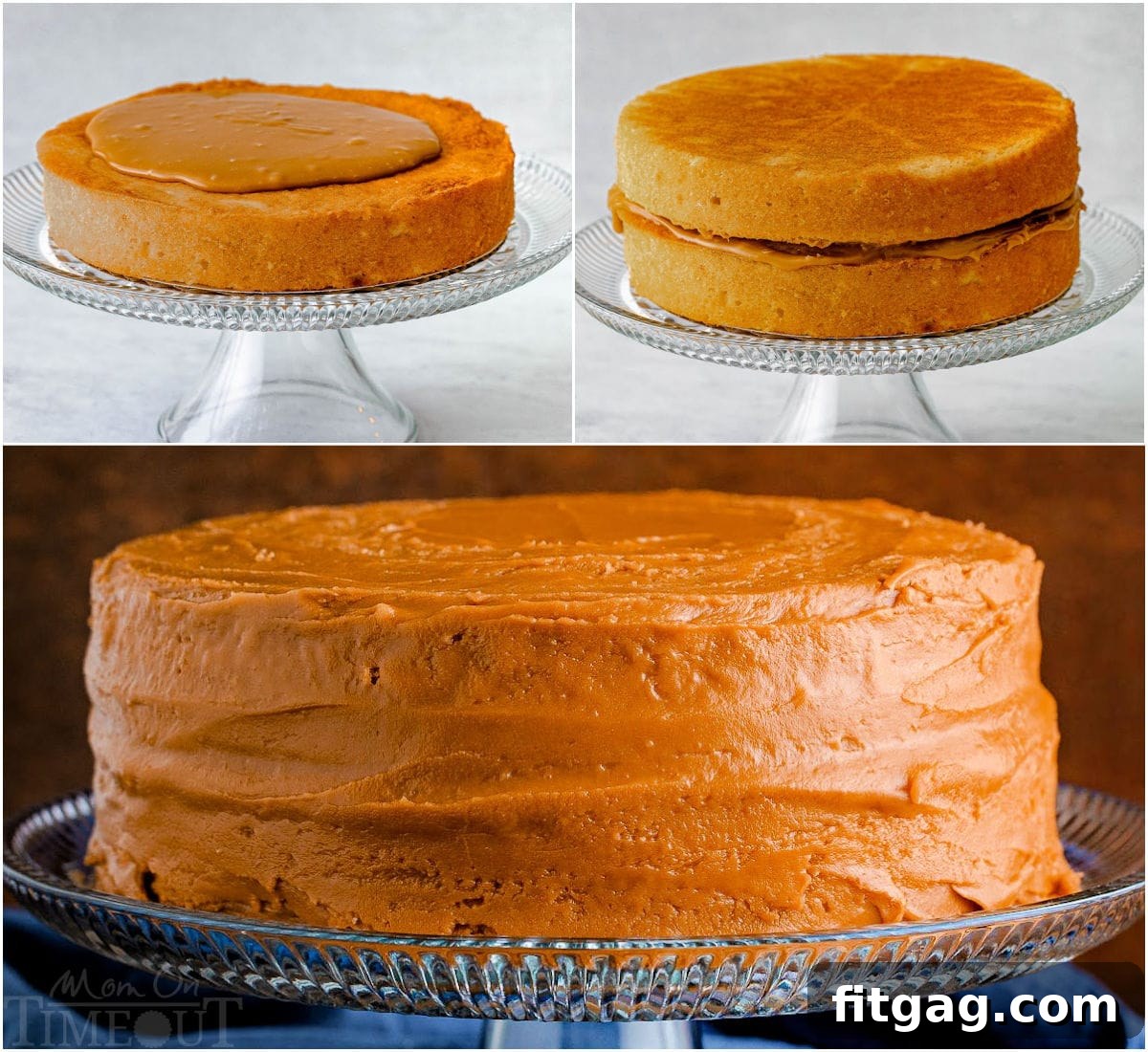 A three-image collage visually demonstrating the process of frosting a two-layer caramel cake, from spreading the first layer to applying the final coat.