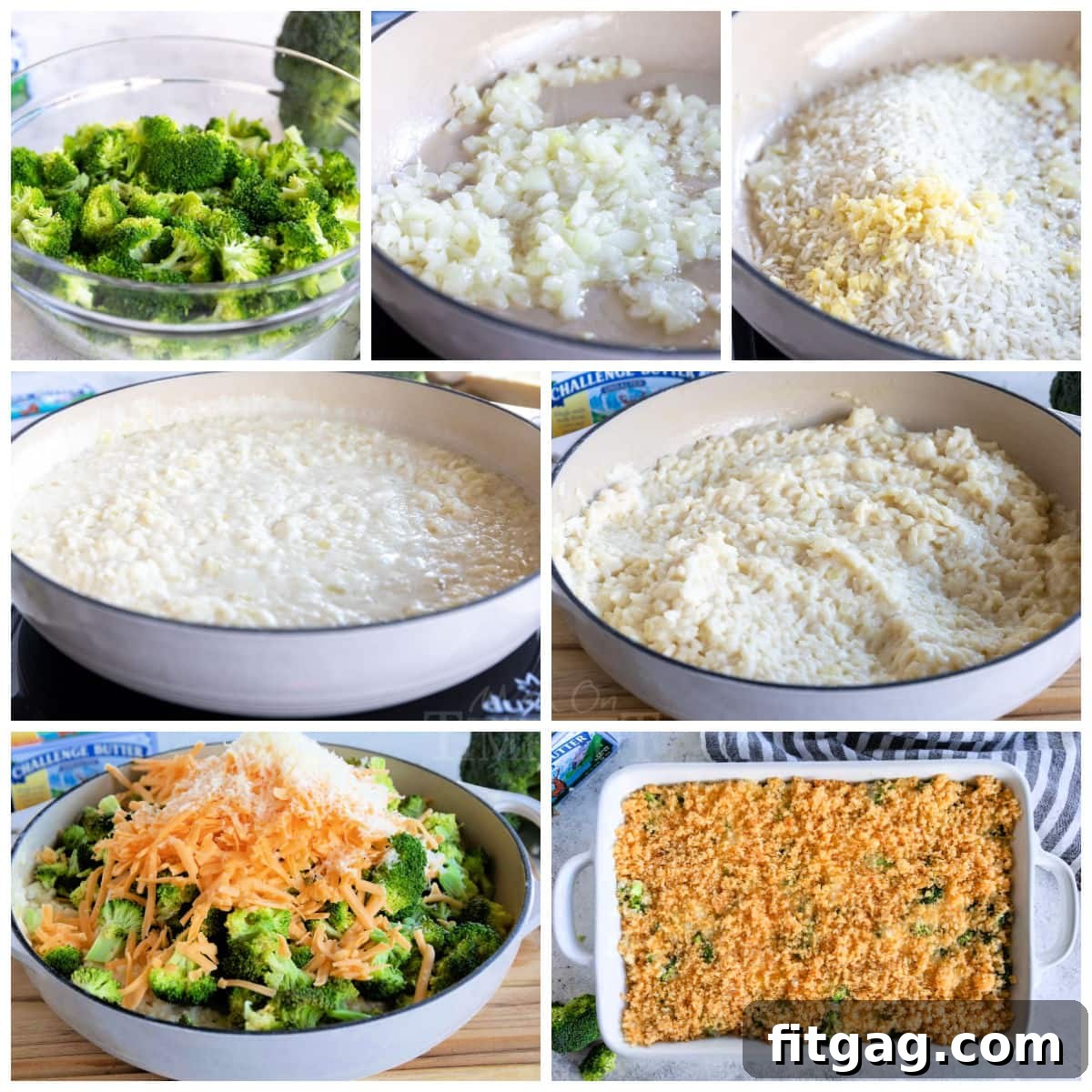 seven image collage showing how to make broccoli rice casserole.