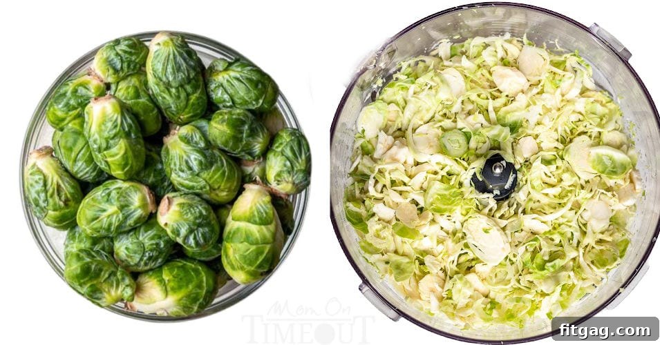 two image collage showing brussels sprouts being shredded in a food processor.