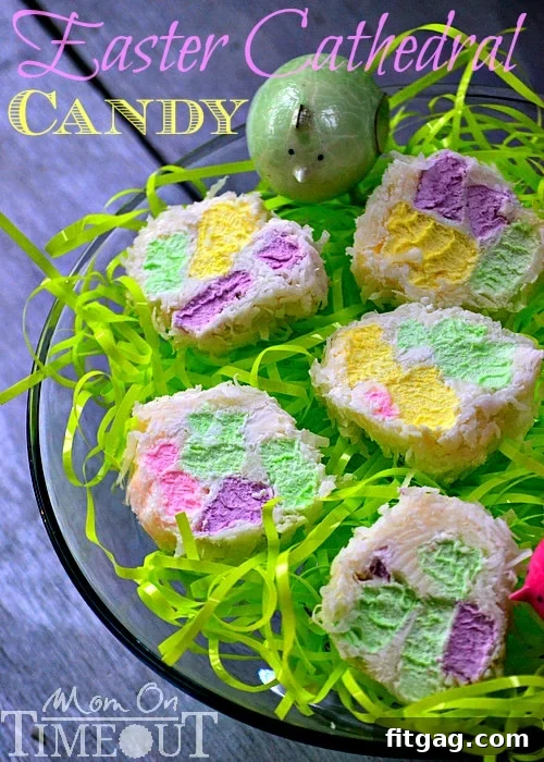 A stack of sliced Easter Cathedral Candy pieces, showcasing the vibrant, multicolored marshmallow interior and white coconut coating.