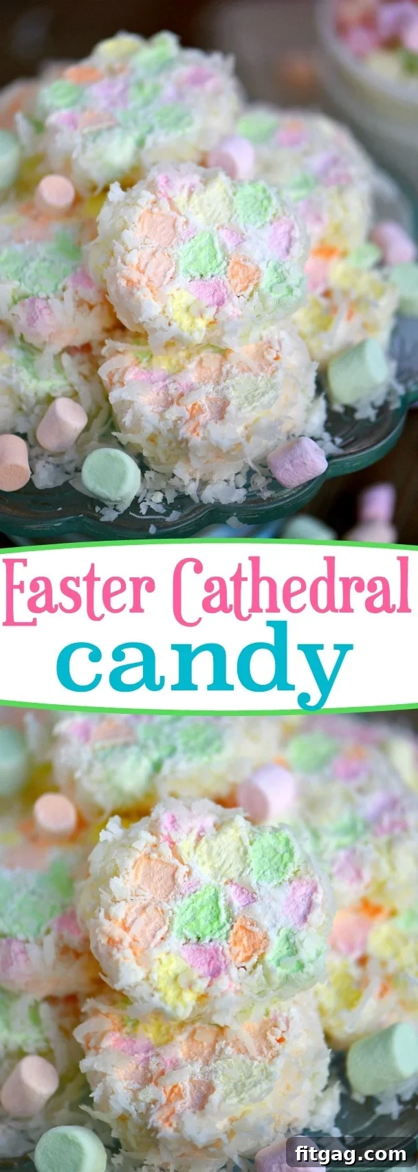 A charming close-up of a single slice of Easter Cathedral Candy, showing the intricate, colorful marshmallow pattern inside and the delicate coconut exterior.