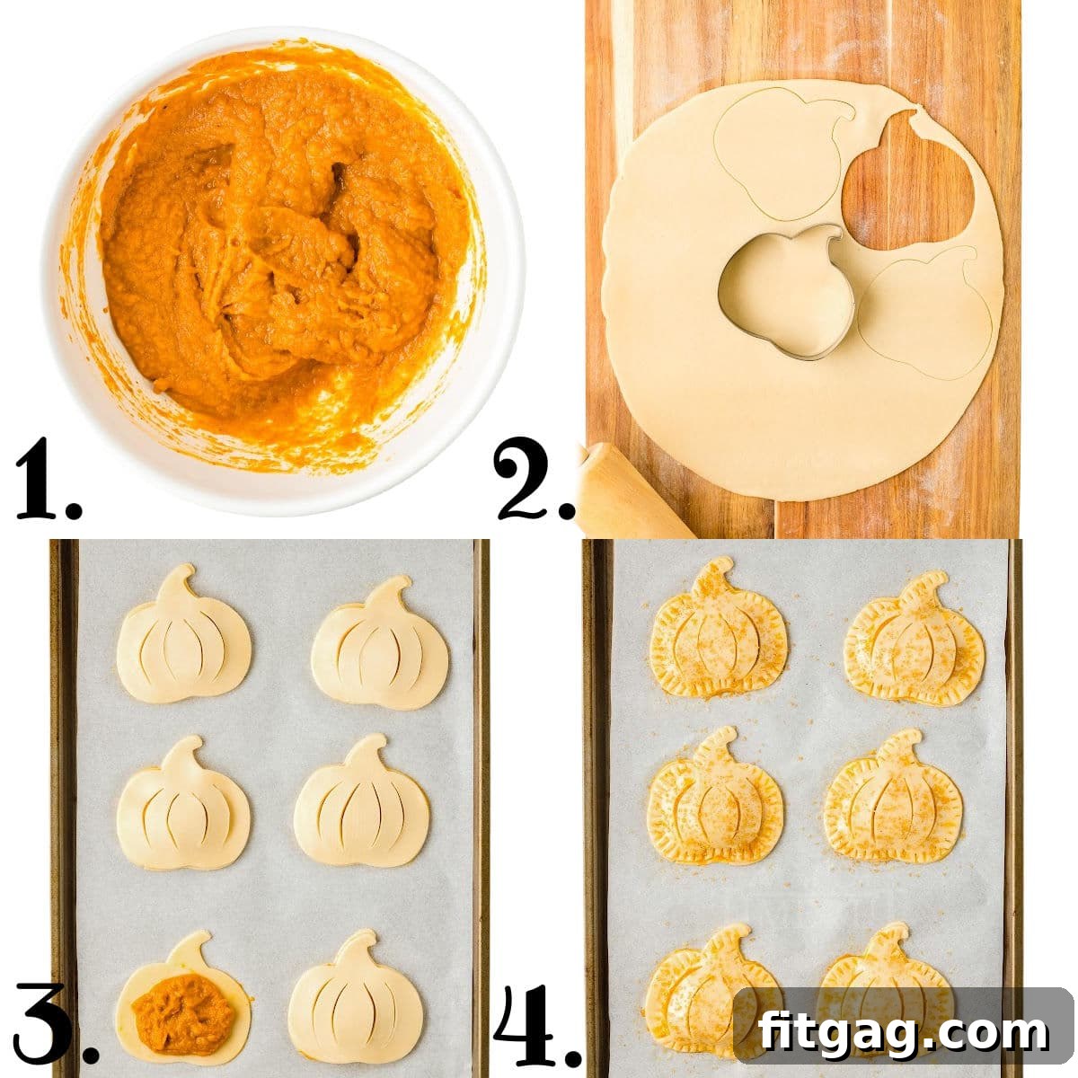 Pumpkin Pie Pockets 4 A four-image collage demonstrating the key steps for making pumpkin hand pies, from cutting dough to filling and sealing.