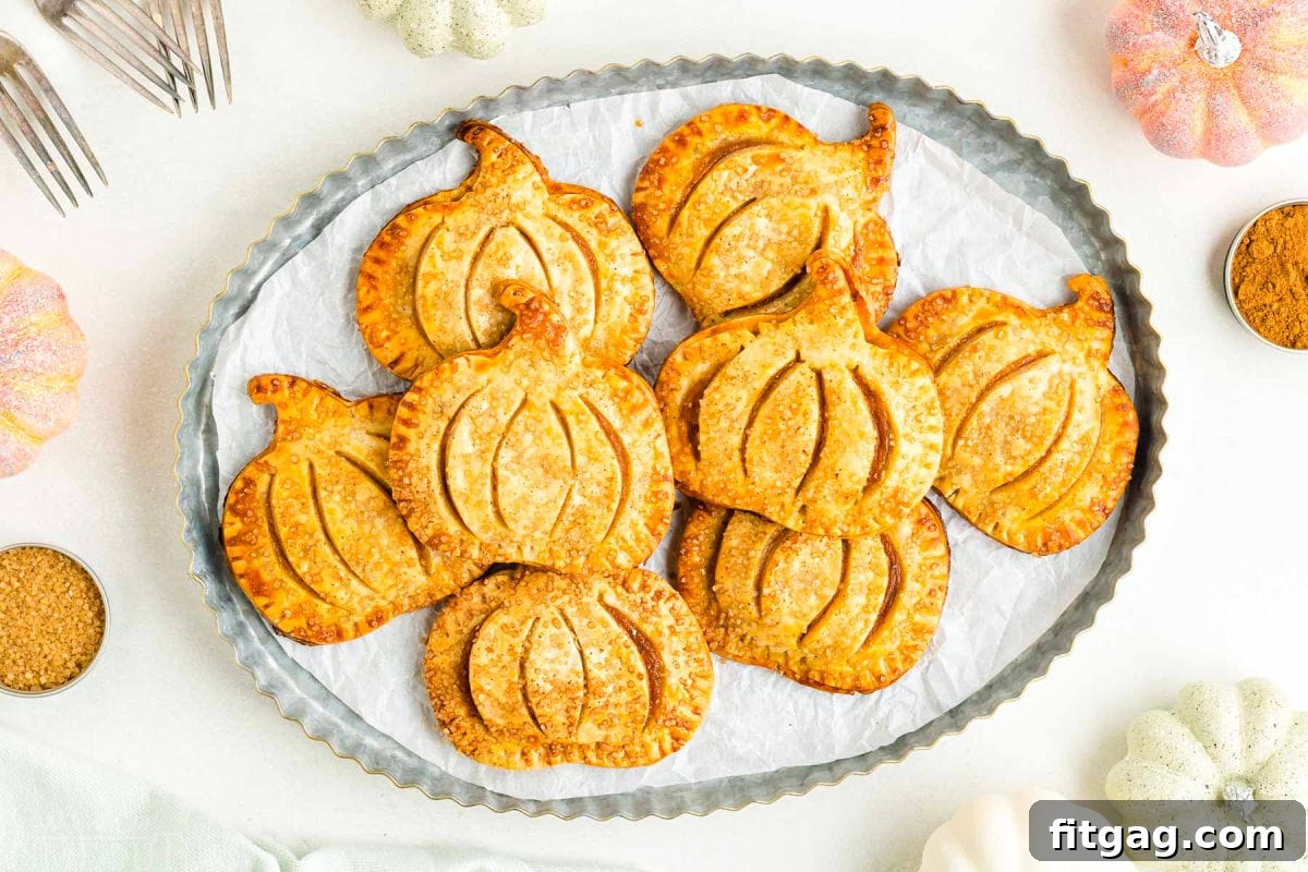 Pumpkin Pie Pockets 7 A top-down view of beautifully arranged pumpkin hand pies on a rustic metal platter, showcasing their golden crusts and inviting texture.