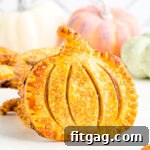 Pumpkin Pie Pockets 8 single pumpkin shaped pumpkin hand pie sitting upright in front of a stack of hand pies. an assortment of pumpkins can be seen in the background.