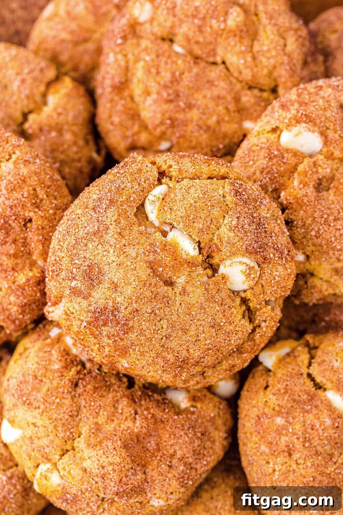 A close-up view of several golden-brown pumpkin snickerdoodle cheesecake cookies, perfectly stacked and scattered, showcasing their inviting texture and a dusting of cinnamon sugar. The warm, autumnal lighting highlights their deliciousness, inviting you to take a bite.