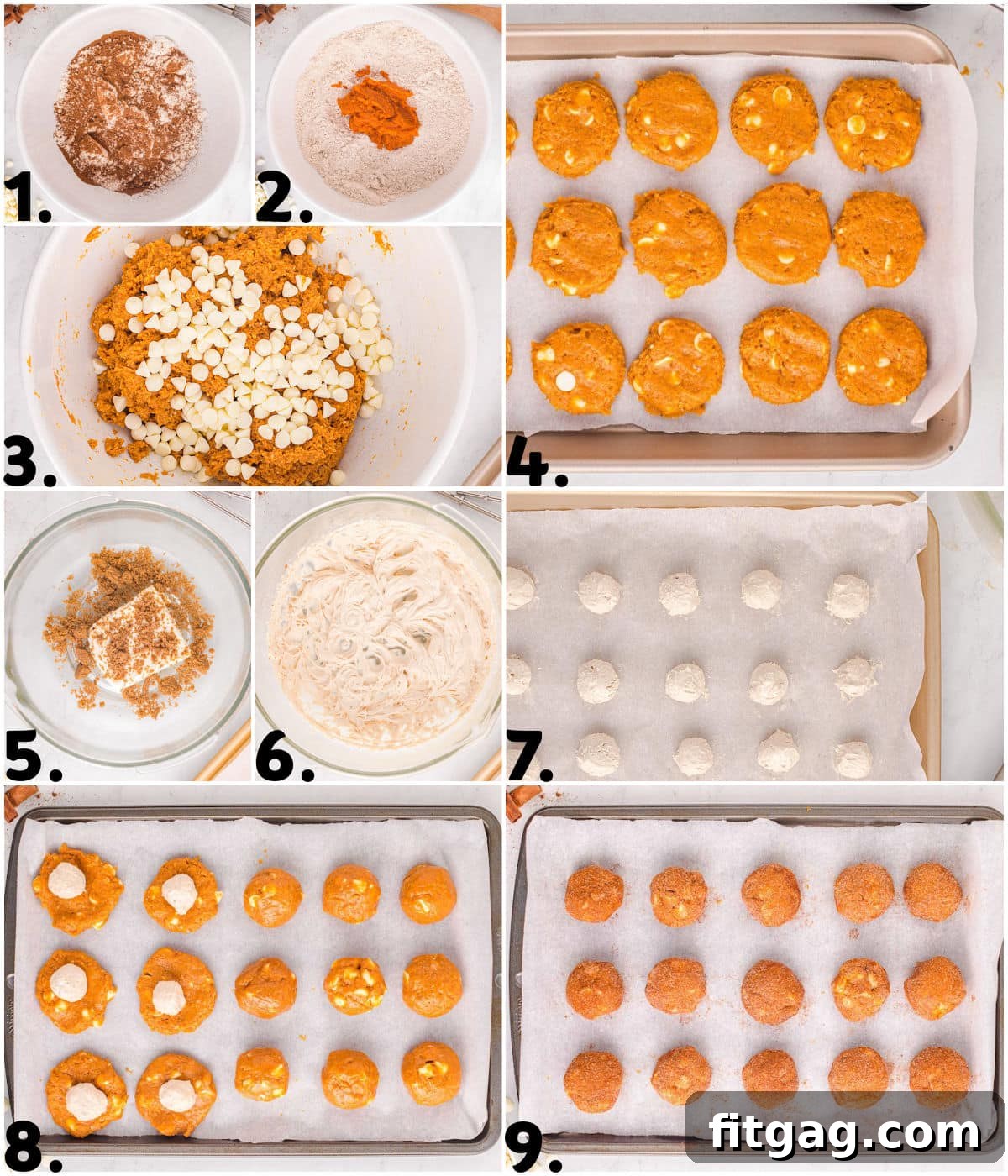 A nine-image step-by-step collage demonstrating the process of making pumpkin snickerdoodle cheesecake cookies, from combining ingredients to forming and stuffing the cookies, and finally ready for baking. Each image shows a clear stage of preparation.