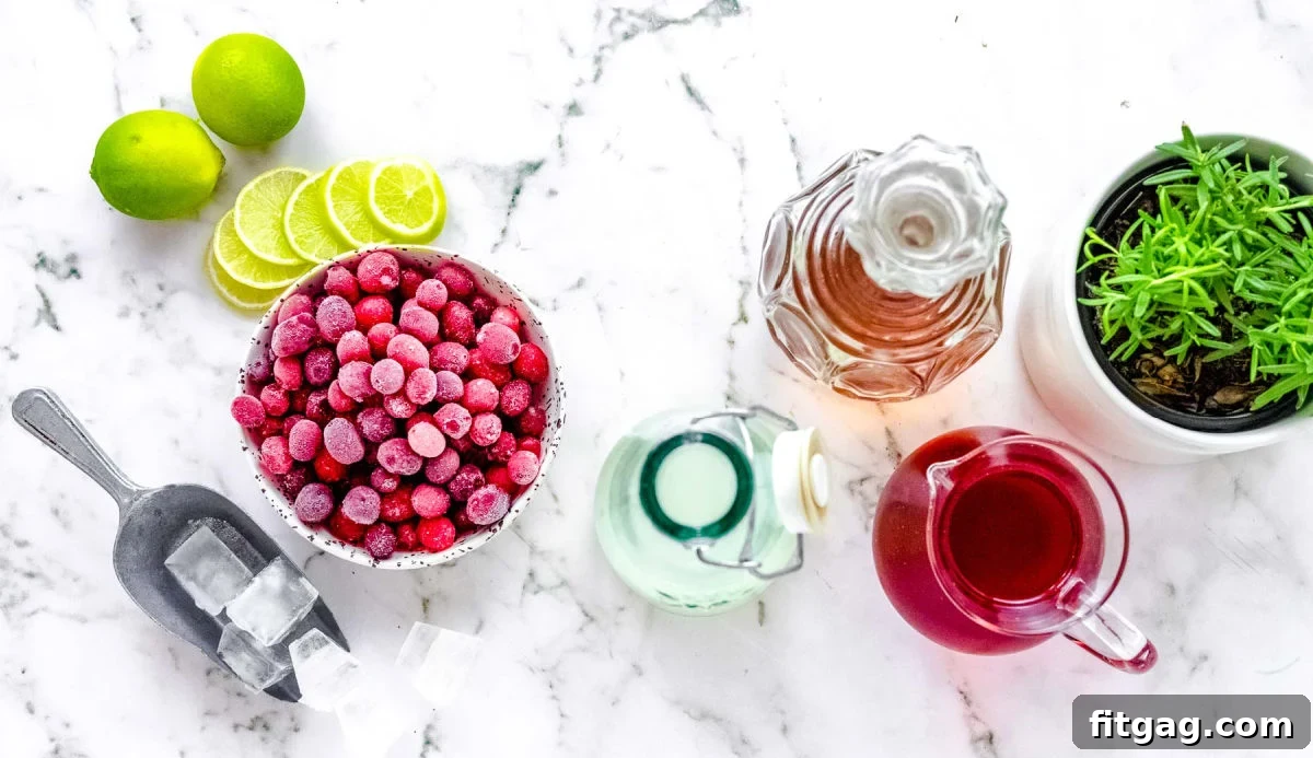 Crimson Moscow Mule 4 A top-down view of all the ingredients for a Cranberry Moscow Mule neatly laid out, ready for preparation.